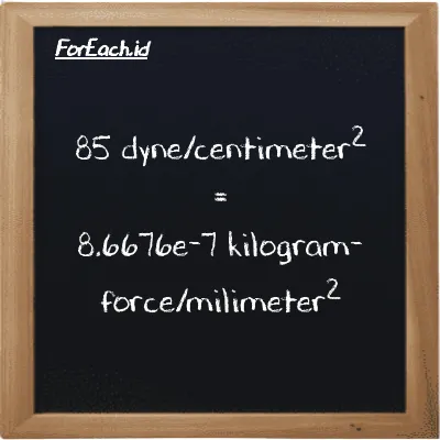 85 dyne/centimeter<sup>2</sup> is equivalent to 8.6676e-7 kilogram-force/milimeter<sup>2</sup> (85 dyn/cm<sup>2</sup> is equivalent to 8.6676e-7 kgf/mm<sup>2</sup>)
